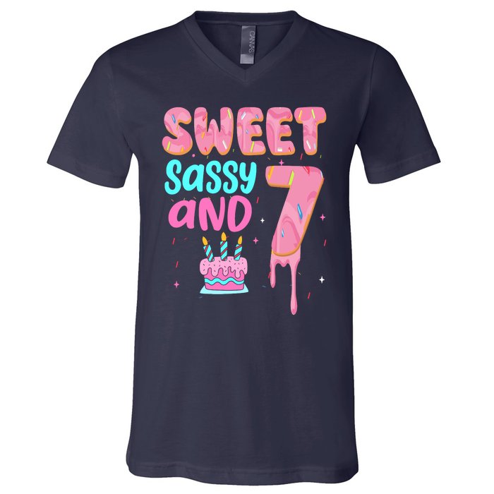 Sweet Sassy And Seven Birthday Girl Donut 7th Birthday V-Neck T-Shirt