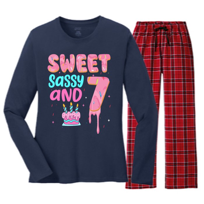 Sweet Sassy And Seven Birthday Girl Donut 7th Birthday Women's Long Sleeve Flannel Pajama Set 