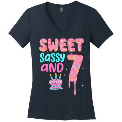 Sweet Sassy And Seven Birthday Girl Donut 7th Birthday Women's V-Neck T-Shirt