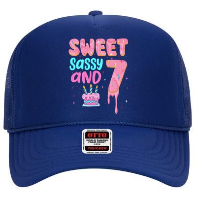 Sweet Sassy And Seven Birthday Girl Donut 7th Birthday High Crown Mesh Back Trucker Hat