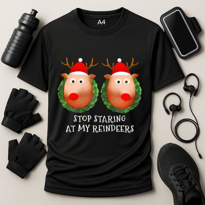 Stop Staring At My Reindeers Boobs Ugly Gag Xmas Sweater  Cooling Performance Crew T-Shirt