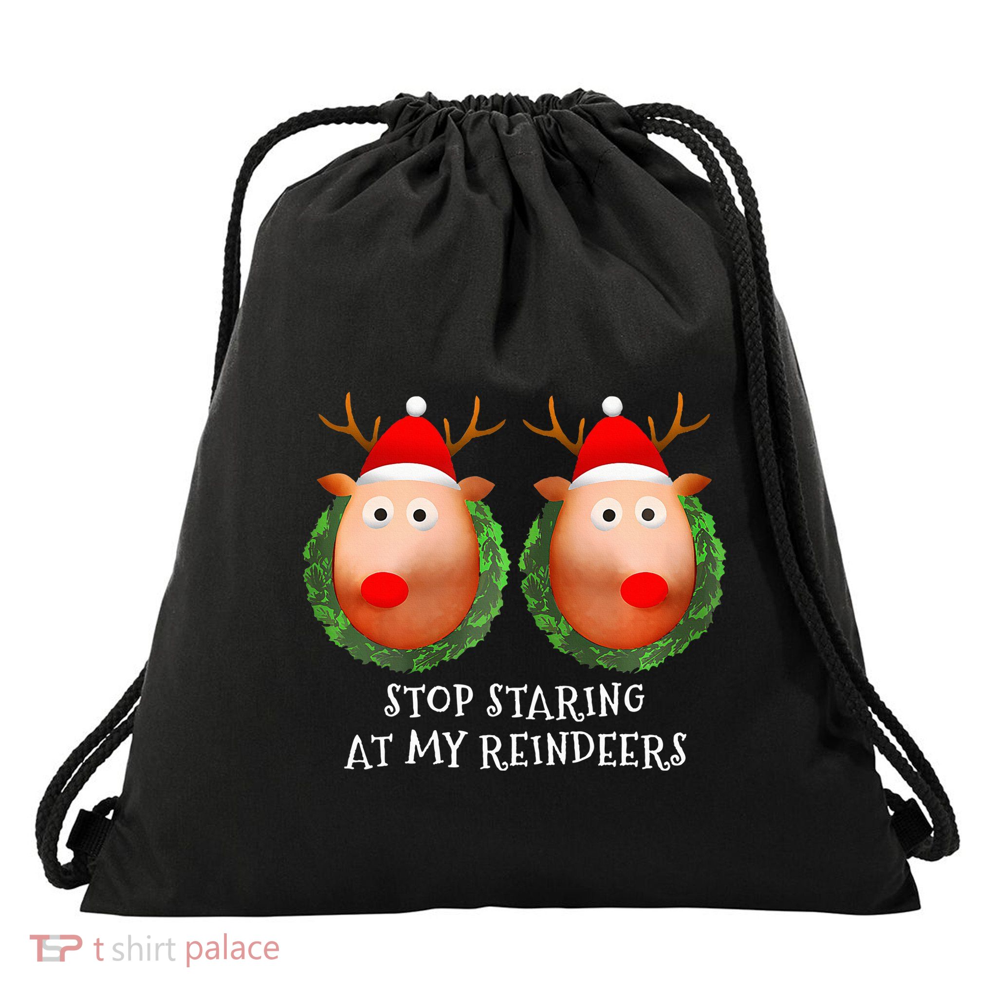 Stop Staring At My Reindeers Boobs Ugly Gag Xmas Sweater  Drawstring Bag