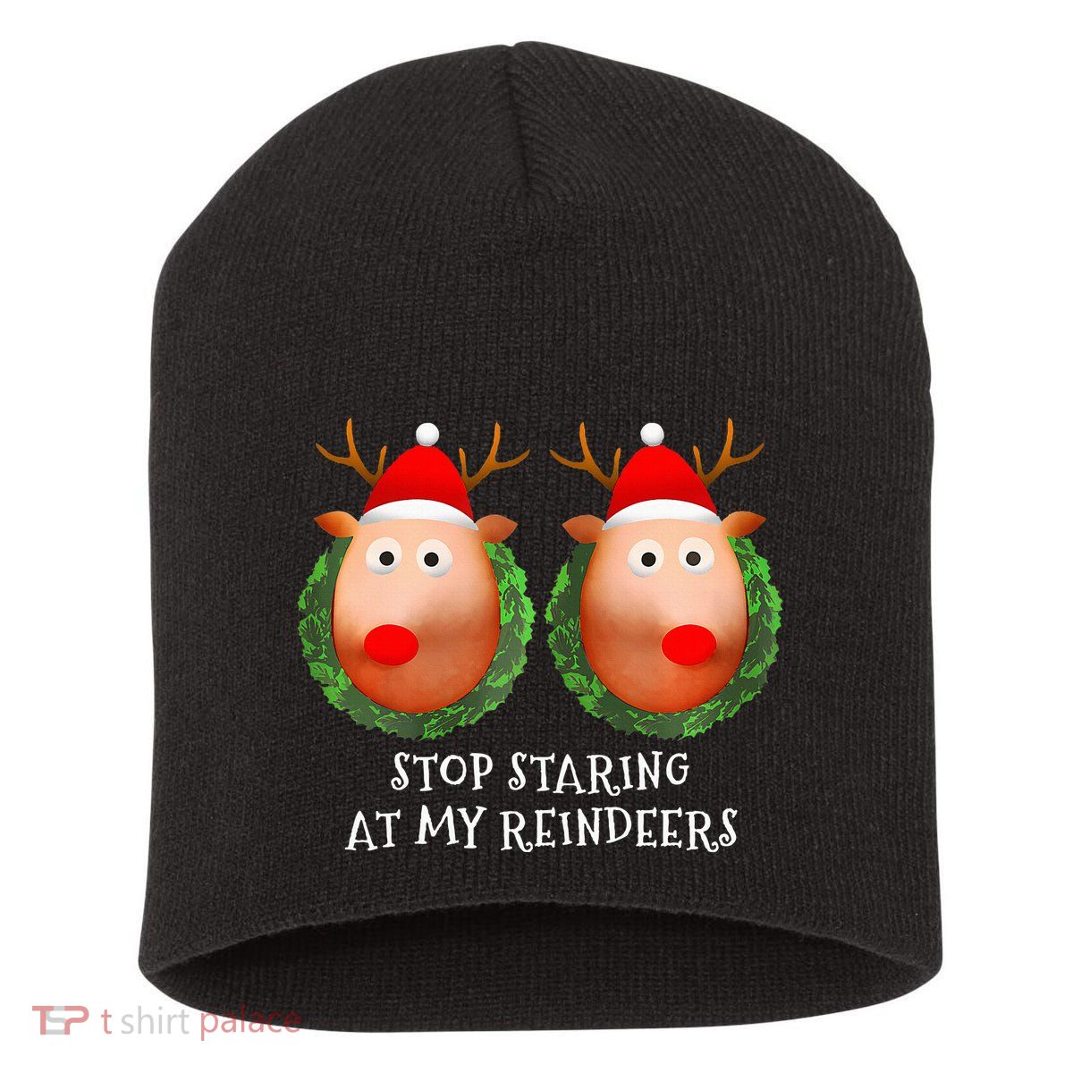 Stop Staring At My Reindeers Boobs Ugly Gag Xmas Sweater  Short Acrylic Beanie