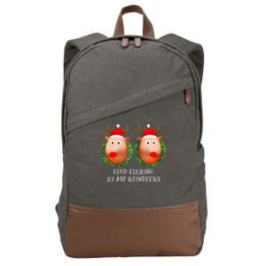 Stop Staring At My Reindeers Boobs Ugly Gag Xmas Sweater  Cotton Canvas Backpack