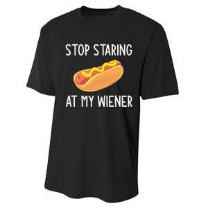 Stop Staring At My Wiener Funny Joke Sarcastic Performance Sprint T-Shirt