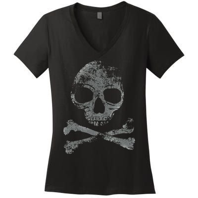 Scary Skull And Crossbones Grunge Style Gothic Creepy Spooky Women's V-Neck T-Shirt