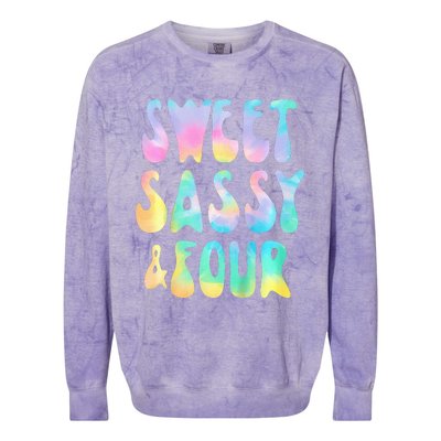 Sweet Sassy And Four 4th Birthday Girl Tie Dye 4 Year Old Colorblast Crewneck Sweatshirt