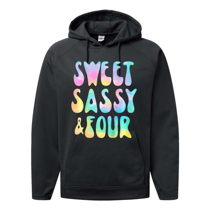 Sweet Sassy And Four 4th Birthday Girl Tie Dye 4 Year Old Performance Fleece Hoodie