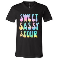 Sweet Sassy And Four 4th Birthday Girl Tie Dye 4 Year Old V-Neck T-Shirt