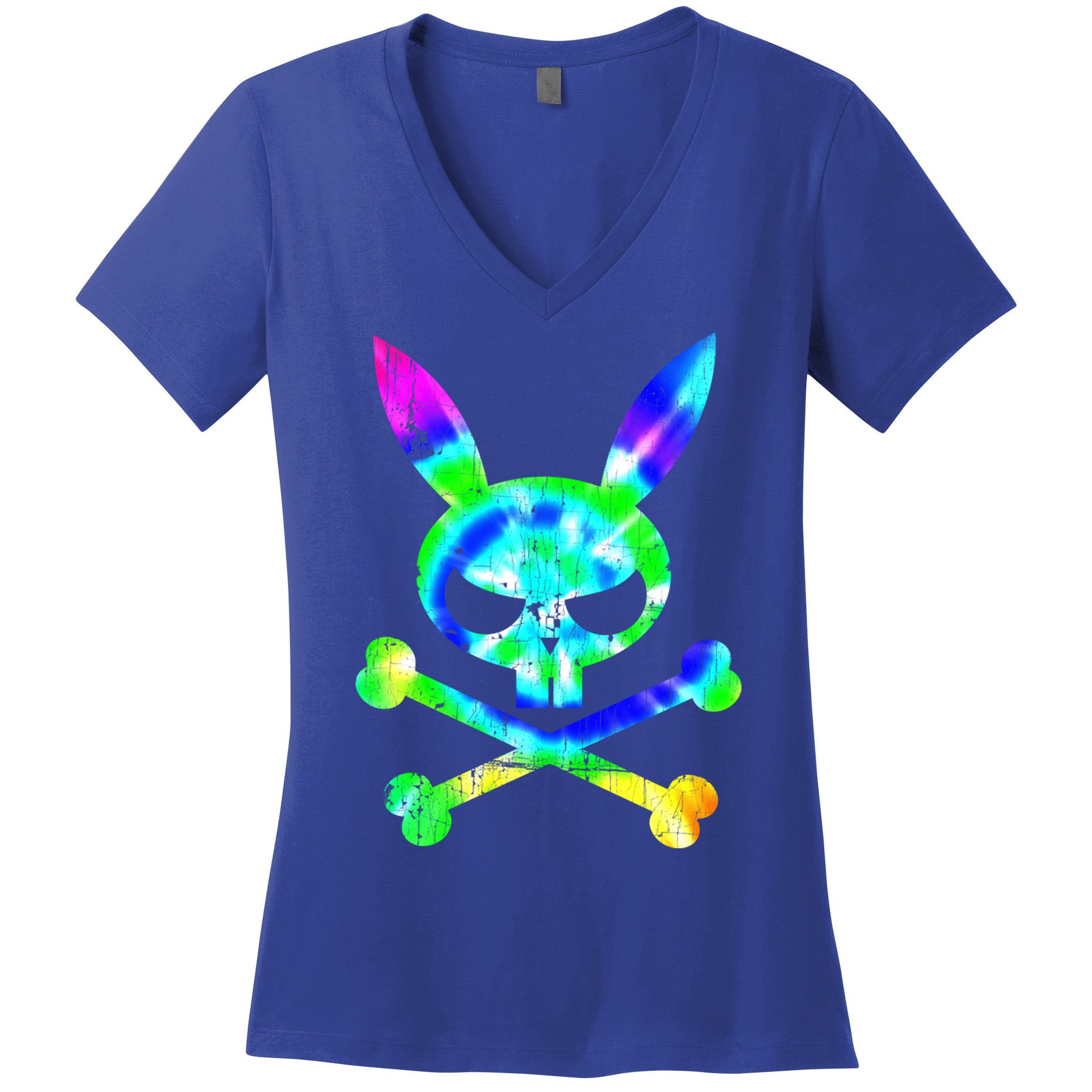 Scary Skull And Crossbones Bad Rabbit Horror Bunny Tie Dye Gift Women's V-Neck T-Shirt
