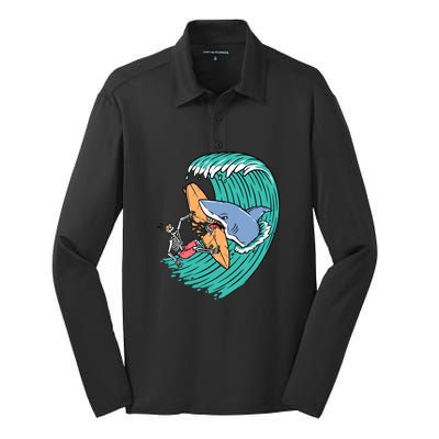 Surfing Sharks Attack Surfers Gift Silk Touch Performance Long Sleeve Polo