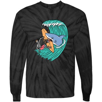 Surfing Sharks Attack Surfers Gift Tie-Dye Long Sleeve Shirt