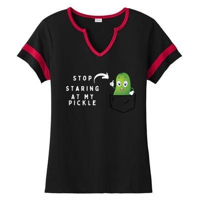 Stop Staring At My Pickle Adult Humor Pickle Lover Ladies Halftime Notch Neck Tee