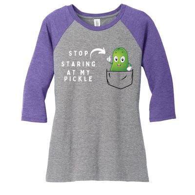 Stop Staring At My Pickle Adult Humor Pickle Lover Women's Tri-Blend 3/4-Sleeve Raglan Shirt