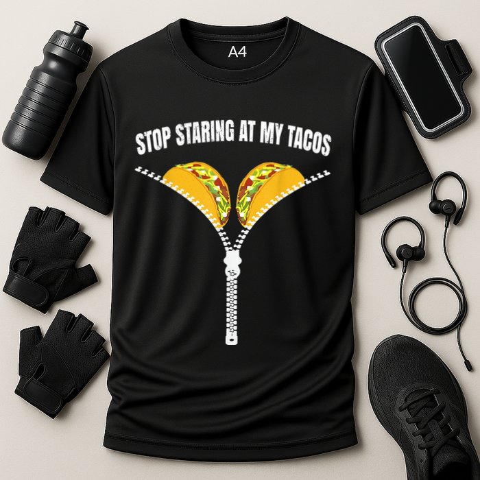 Stop Staring At My Tacos Zip Funny Cooling Performance Crew T-Shirt