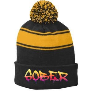 Sober Sobriety Anniversary Recovery Sober Aa Na Stripe Pom Pom Beanie