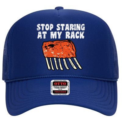 Stop Staring At My Rack Bbq Ribs Barbecue Grill High Crown Mesh Back Trucker Hat