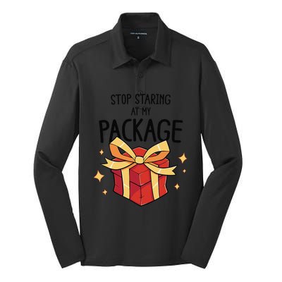 Stop Staring At My Package Funny Rude Xmas Christmas Silk Touch Performance Long Sleeve Polo