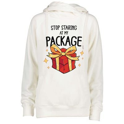 Stop Staring At My Package Funny Rude Xmas Christmas Womens Funnel Neck Pullover Hood