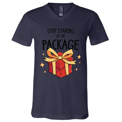 Stop Staring At My Package Funny Rude Xmas Christmas V-Neck T-Shirt