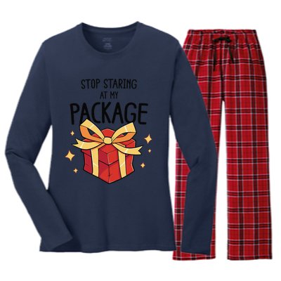 Stop Staring At My Package Funny Rude Xmas Christmas Women's Long Sleeve Flannel Pajama Set 