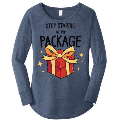 Stop Staring At My Package Funny Rude Xmas Christmas Women's Perfect Tri Tunic Long Sleeve Shirt