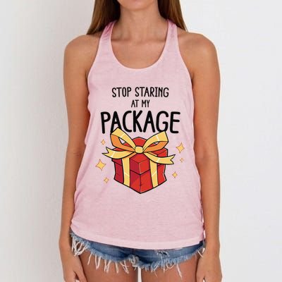 Stop Staring At My Package Funny Rude Xmas Christmas Women's Knotted Racerback Tank