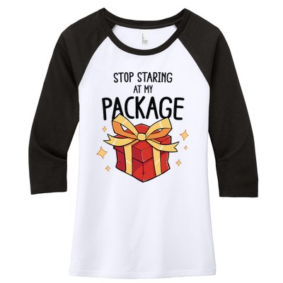 Stop Staring At My Package Funny Rude Xmas Christmas Women's Tri-Blend 3/4-Sleeve Raglan Shirt