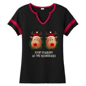 Stop Staring At My Reindeers Ugly Gag Xmas Sweater Christmas Ladies Halftime Notch Neck Tee