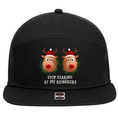 Stop Staring At My Reindeers Ugly Gag Xmas Sweater Christmas 7 Panel Mesh Trucker Snapback Hat