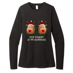 Stop Staring At My Reindeers Ugly Gag Xmas Sweater Christmas Womens CVC Long Sleeve Shirt