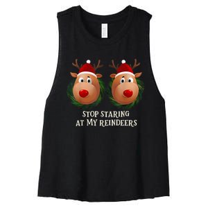 Stop Staring At My Reindeers Ugly Gag Xmas Sweater Christmas Women's Racerback Cropped Tank