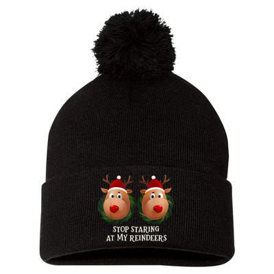 Stop Staring At My Reindeers Ugly Gag Xmas Sweater Christmas Pom Pom 12in Knit Beanie