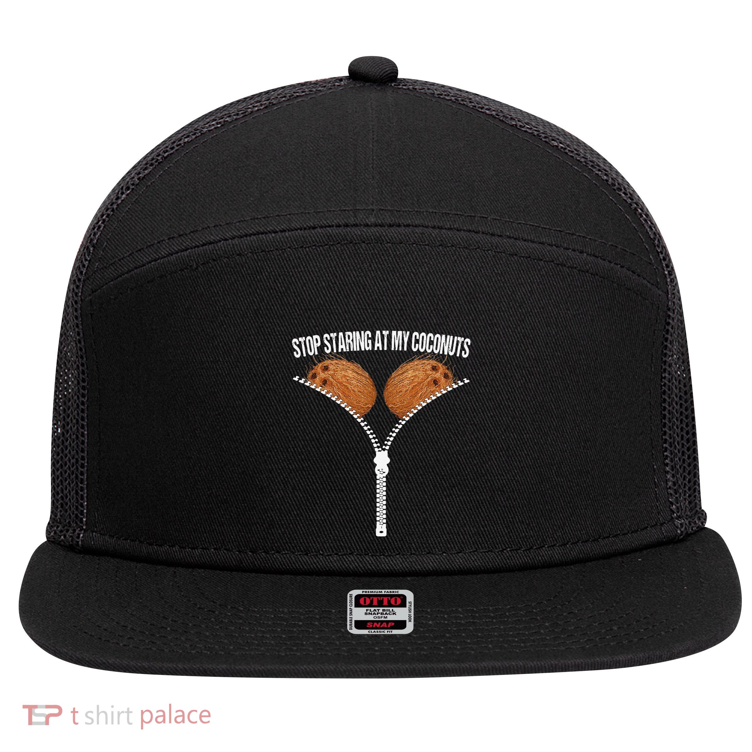 Stop Staring At My Coconuts Beach Summer Coconut Bra Adult 7 Panel Mesh Trucker Snapback Hat