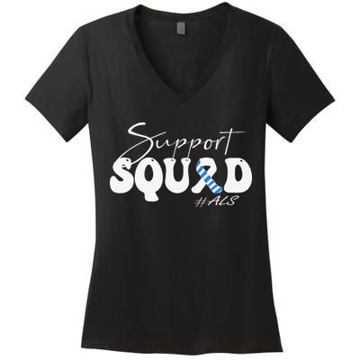 Support Squad ALS Awareness Blue & White Ribbon Women's V-Neck T-Shirt