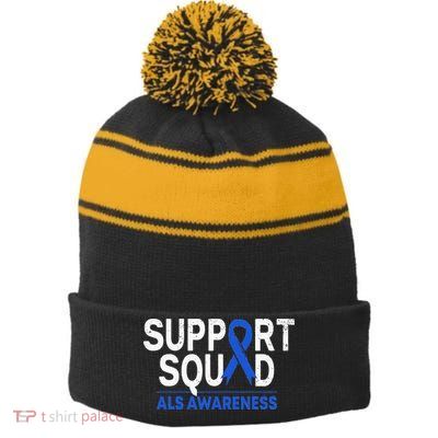 Support Squad ALS Awareness Month Blue Ribbon Support Team Stripe Pom Pom Beanie