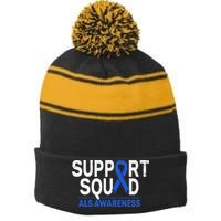 Support Squad ALS Awareness Month Blue Ribbon Support Team Stripe Pom Pom Beanie