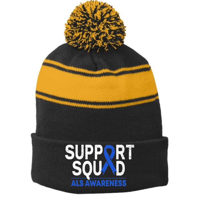 Support Squad ALS Awareness Month Blue Ribbon Support Team Stripe Pom Pom Beanie