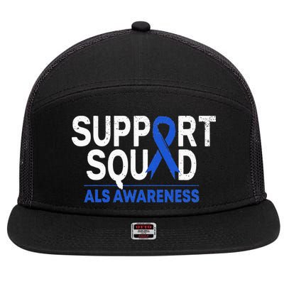 Support Squad ALS Awareness Month Blue Ribbon Support Team 7 Panel Mesh Trucker Snapback Hat