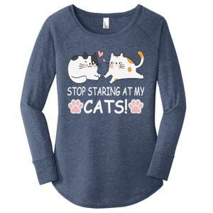 Stop Staring At My Cats Funny Weird Humor Hilarious Cat Women's Perfect Tri Tunic Long Sleeve Shirt