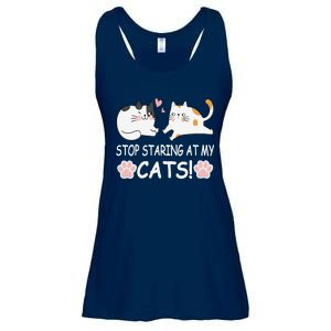 Stop Staring At My Cats Funny Weird Humor Hilarious Cat Ladies Essential Flowy Tank