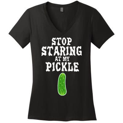 Stop Staring At My Pickle Costume Funny Easy Halloween Gift Women's V-Neck T-Shirt