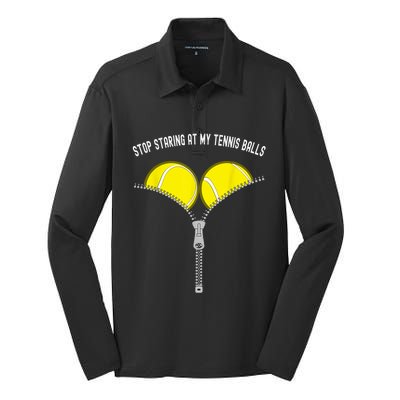 Stop Staring At My Tennis Balls Funny Womens Novelty Gift Silk Touch Performance Long Sleeve Polo