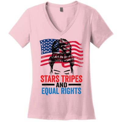 Stars Stripes And Equal Rights Messy Bun Women's V-Neck T-Shirt