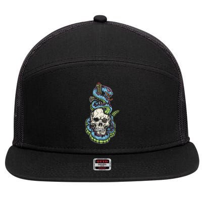Snake Skull And Dagger Tattoo 7 Panel Mesh Trucker Snapback Hat