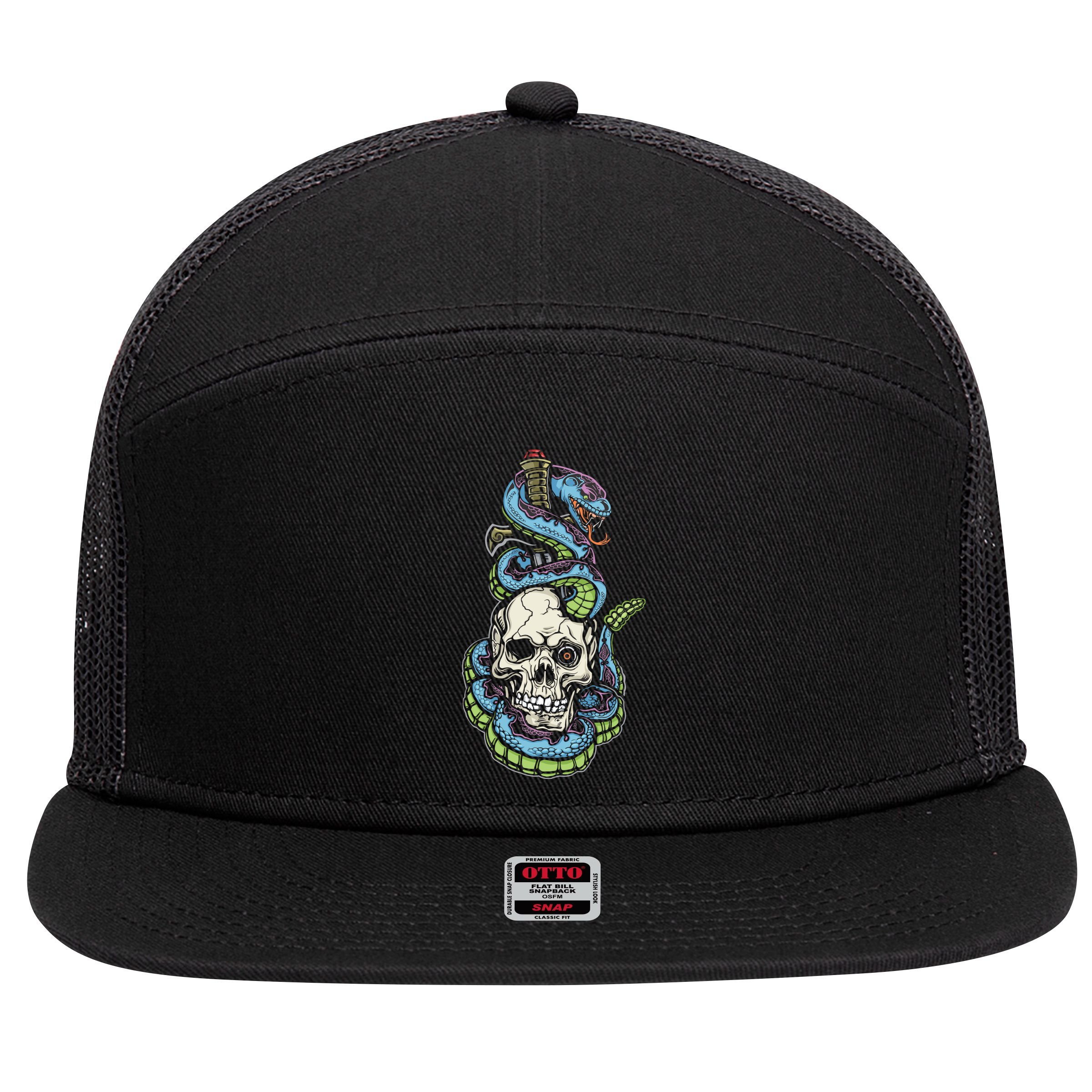 Snake Skull And Dagger Tattoo 7 Panel Mesh Trucker Snapback Hat