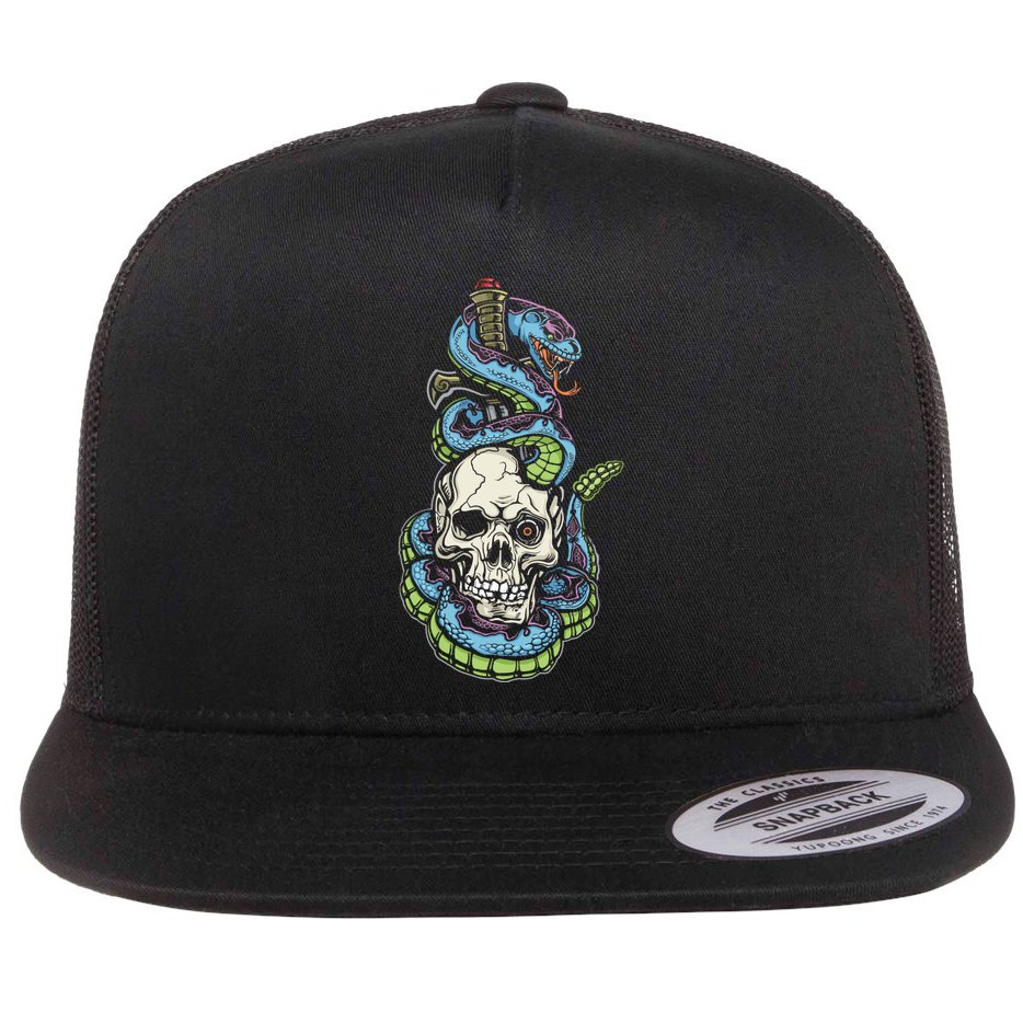 Snake Skull And Dagger Tattoo Flat Bill Trucker Hat