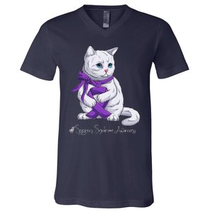 Sjogren's Syndrome Awareness Month Purple Ribbon Cat V-Neck T-Shirt