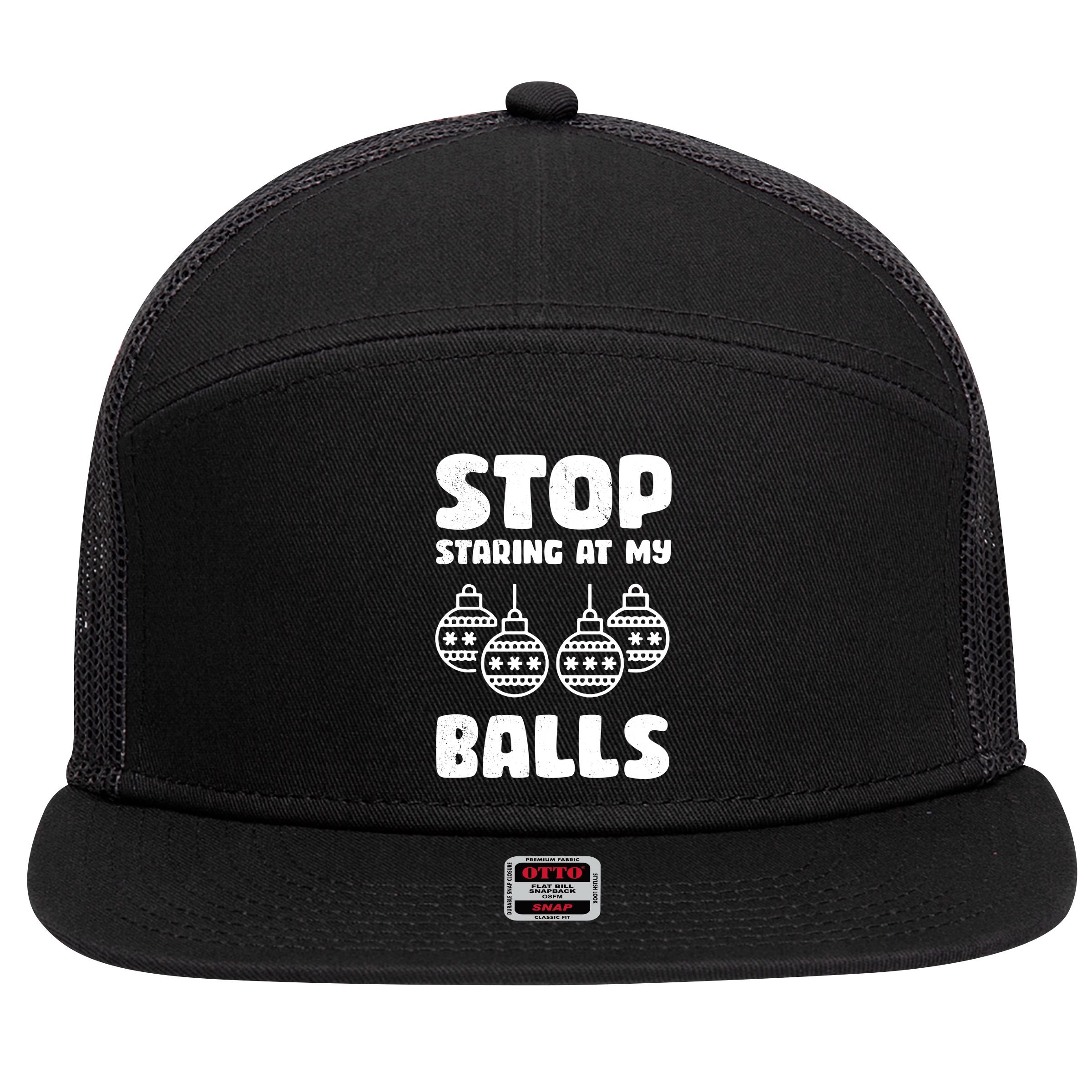 Stop Staring At My Balls Funny XMas 7 Panel Mesh Trucker Snapback Hat
