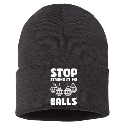 Stop Staring At My Balls Funny XMas Sustainable Knit Beanie